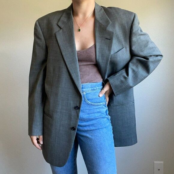 Burberry Jackets & Blazers - Vintage Mens Burberry Gray Single Breast 100% Wool Oversized Blazer Sz XXL